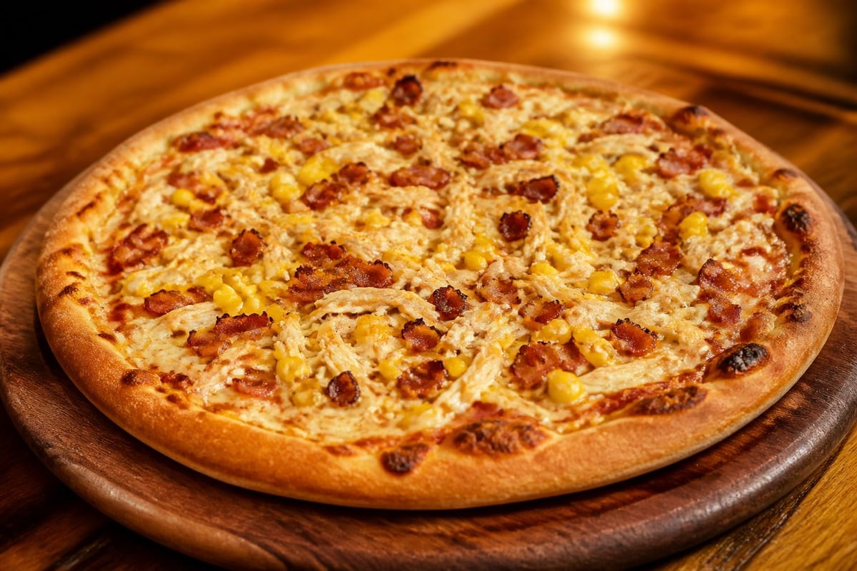 Pizza especial de frango, bacon, milho e mussarela